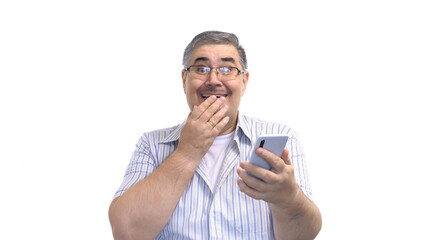 Man Looking at Phone in Amazement - Unexpected Luck, Good News, Lottery Win Concept - Isolated on White