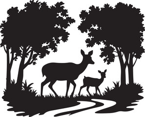 Deer And Baby Forest Silhouette Vector Graphic