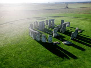 Drone view of Stonehenge and Wiltshire Countryside in England, UK. The stone circle dates to 3000 BC and is one of the best known ancient wonders of the world and UNESCO World Heritage Site.
