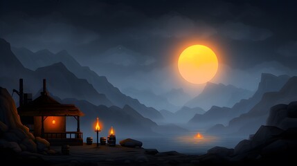 Fototapeta premium Cozy Tavern in a Mountainous Landscape at Night