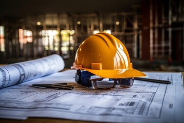 Construction helmet on a blueprint in a house construction site