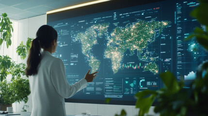 A woman in modern office interacts with large digital map displaying global data and analytics. vibrant lights represent various cities, showcasing high tech environment