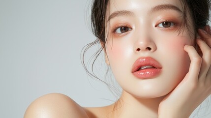 Close up beauty portrait of a laughing beautiful japanese woman applying face cream and looking away isolated over color background