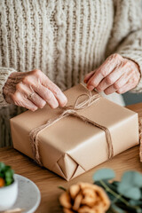A person is carefully wrapping gift with brown paper and twine, showcasing their hands and attention to detail. warm atmosphere evokes feelings of love and care