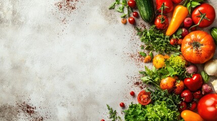 Top view of a variety of fresh produce scattered on a light background, with copy space available around