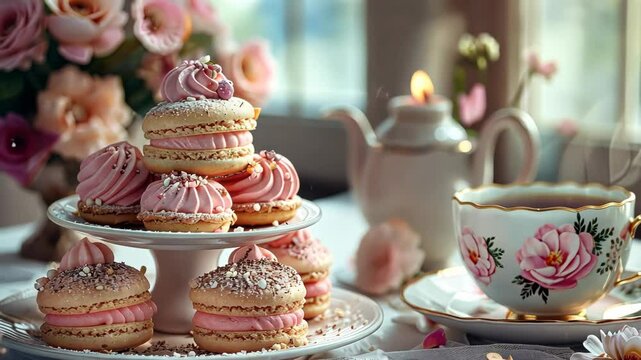 A delicate stack of macarons sits beside a teacup and teapot, ready for a cozy afternoon tea