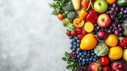 Top view of a vibrant mix of fresh fruits and vegetables, with ample copy space on a light background for text