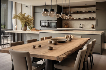 Modern Kitchen Interior with Wooden Table and Chairs