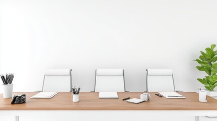 Minimalist workspace with white chairs, wooden table, and office supplies.