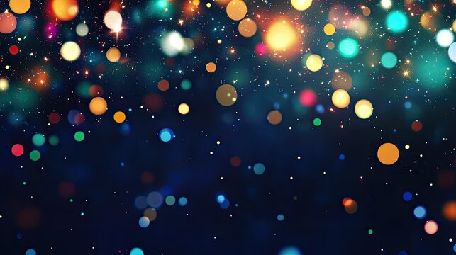 Twinkling colorful Christmas lights on a dark backdrop, with lots of empty space for festive designs or promotional content