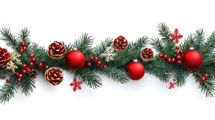 Christmas Branches Border with Christmas Decorations on Transparent Background
