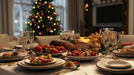 Fototapeta premium Christmas Dinner table full of dishes with food and snacks, New Year's decor with a Christmas tree on the background.