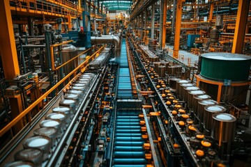 Fototapeta premium Conveyor Belt System in a Industrial Facility with Metal Cylinders and Pipes