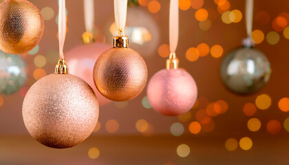 Elegant Christmas ornaments in soft pink and gold tones hanging against a blurred bokeh background
