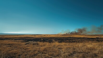 Obraz premium A Field of Dry Grass Under a Clear Blue Sky, Smoke Rises in the Distance