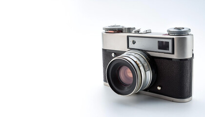 Fototapeta premium A vintage camera on side position provides copy space for text. background concept isolated white