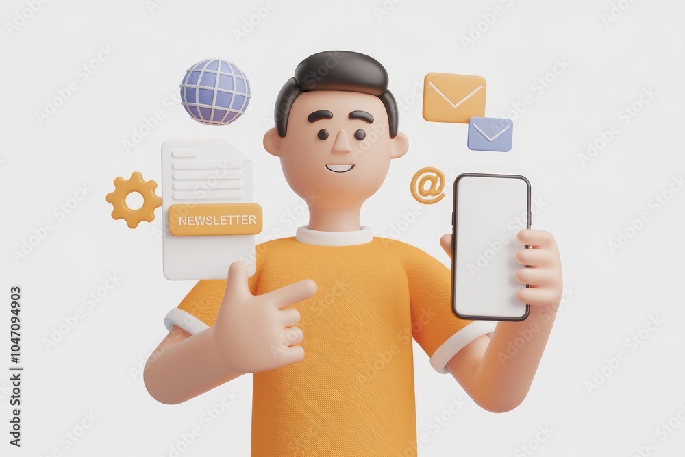Poster a 3d cartoon man holding a smartphone with various communication symbols around him.