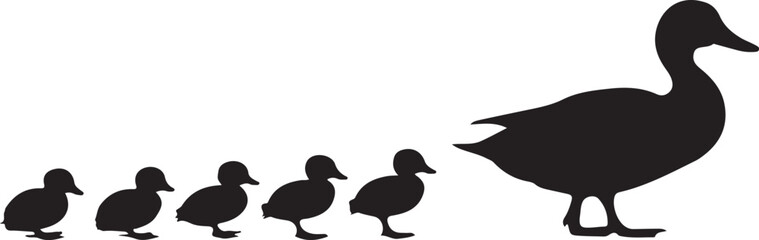 Mother and Ducks Silhouette Vector Graphic Illustration