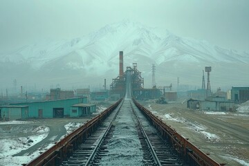 Industrial Railroad Leading Towards Snowy Mountains and Factory