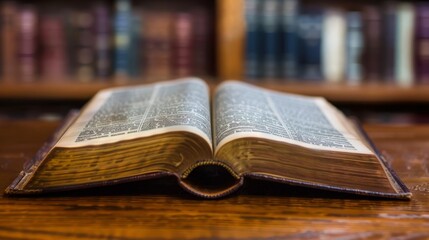 Obraz premium An open, antique book lies on a wooden table, with a blurred bookshelf in the background, suggesting knowledge and wisdom.