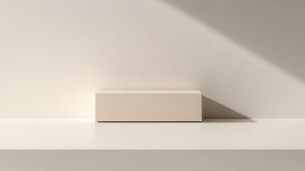 A 3D mockup of a rectangular box with a minimalist design, showing the front and side of the package.