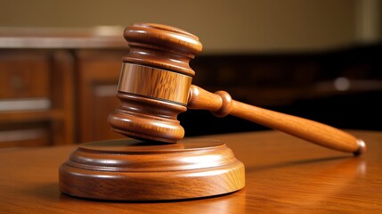 A wooden hammer resting on a wooden table. Include elements representing a courtroom setting, such as a male cellmate, a gavel, and a judge’s bench.