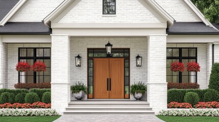 A modern farmhouse with a large wooden sliding barn door, complemented by colorful hanging planters, creating a warm and inviting entry.