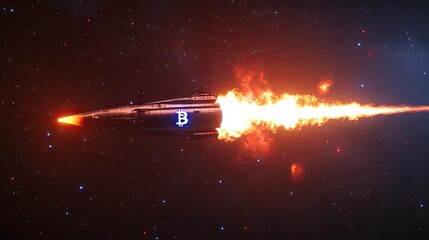 Obraz premium A powerful rocket adorned with a bright Bitcoin logo shoots into a starry sky, surrounded by colorful nebulae and cosmic light.