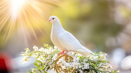 Fototapeta premium A peaceful dove, pure and white, sits gracefully on a radiant golden symbol, a visual embodiment of global harmony and unity.
