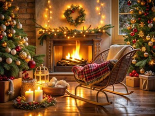 Obraz premium Enchanting Christmas Cradle Scene with Festive Decor and Warm Lighting
