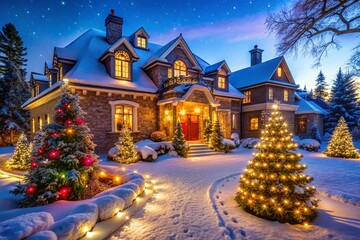 Fototapeta premium Enchanting Christmas Lights Adorning a Majestic Mansion at Night