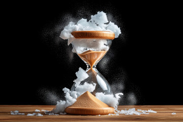 Obraz premium hourglass with sand and melting ice symbolizes passage of time and fleeting nature of moments. It evokes sense of urgency and reflection on lifes impermanence