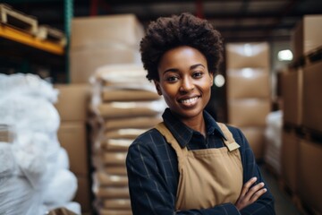 Fototapeta premium Smiling portrait of a young woman working in factory