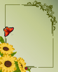 Obraz premium Illustration with sunflowers and an openwork frame.Vector illustration with sunflowers and an openwork frame on a colored background.