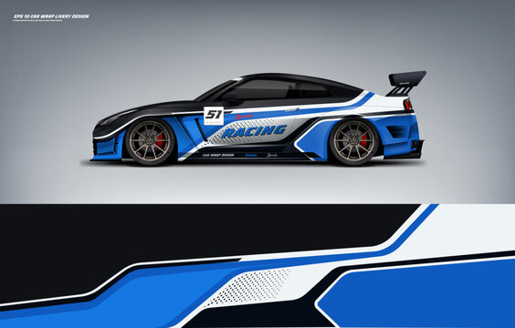 Racing Car sport car branding with racing wrap decal or livery design. Abstract racing graphics black blue backround. Editable vector template