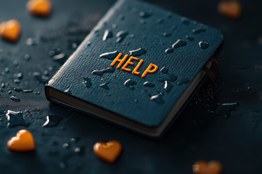 tear stained notebook with word HELP written on it, surrounded by water droplets and orange hearts, evokes sense of urgency and emotional distress - Powered by Adobe