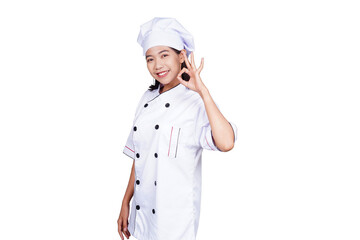 Asian woman chef in uniform making hand gesture isolated transparent