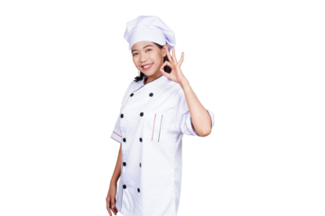 Asian woman chef in uniform making hand gesture isolated transparent