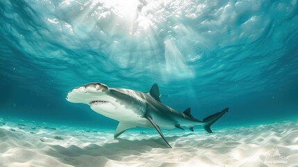 Fototapeta premium Hammerhead Shark Swimming Above Sandy Ocean Floor