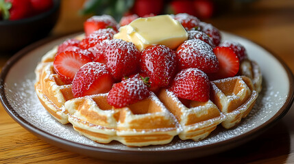 Delicious Waffle with Strawberries and Powdered Sugar - Realistic Food Image