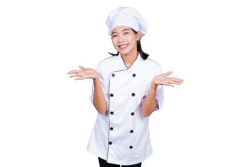 Asian woman chef in uniform making hand gesture isolated transparent