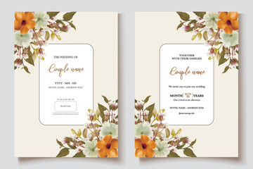 Fototapeta premium WEDDING INVITATION FRAME WITH FLOWER DECORATIONS AND FRESH LEAVES