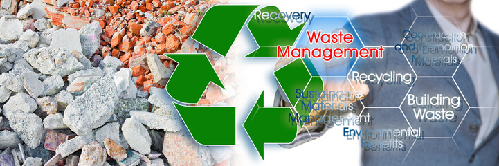 Recovery and recycling of concrete and brick rubble debris on construction site after a demolition...