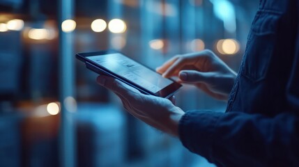 Smart Augmented Reality,AR warehouse management system.Worker hands holding tablet on blurred warehouse as background