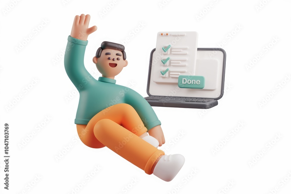 Aufkleber a 3d cartoon character celebrates completing a task list on a laptop.
