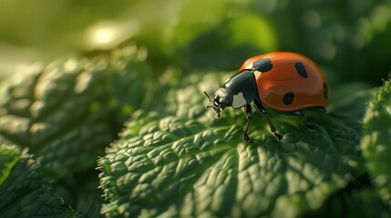 Obraz premium Ladybug on a Green Leaf in Sunlight