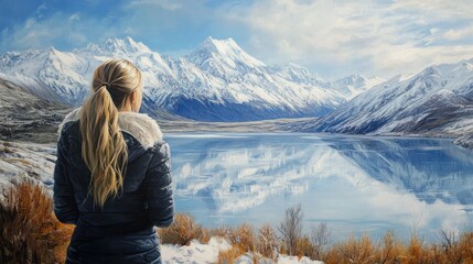 Woman watching snowy mountain landscape next to Lake Pukaki