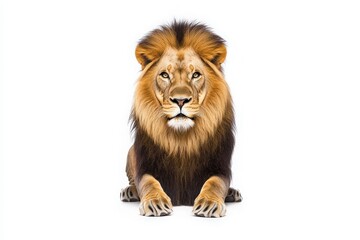 Obraz premium A stunning lion lies peacefully in the center, showcasing its magnificent mane and intense gaze. This solitary moment highlights the regal nature of the king of the jungle.