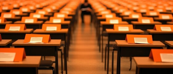 Fototapeta premium A single individual seated among rows of empty desks, creating a sense of solitude in a structured environment.