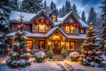 Fototapeta premium Festive Canadian Christmas Decor in a Panoramic Winter Wonderland Scene